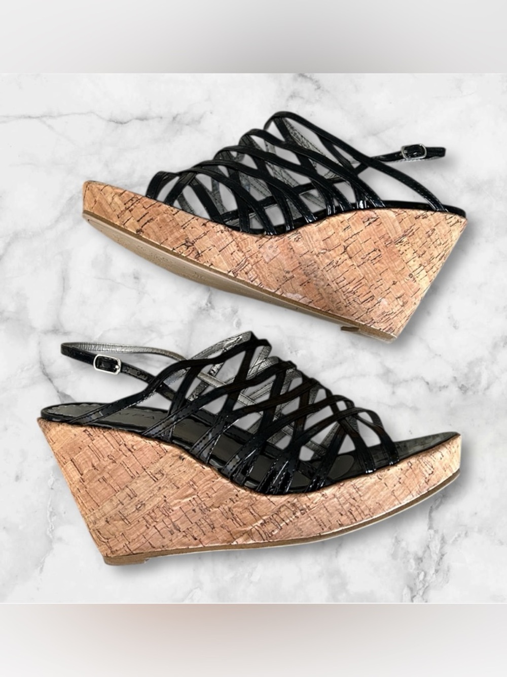 Rampage Black Patent Strappy Wedge Sandals Cork Platform Heel Size 8 Y2K - Picture 4 of 10